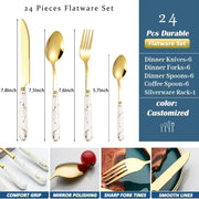 24-Piece Stainless Steel Cutlery Set with Glossy Ceramic Handles - Dinner Knives, Forks, Spoons, Coffee Spoons, Stylish Holder, Comfortable Grip for Adult Everyday Home Dining, Gold-Tone 6-10 People Party Gatherings