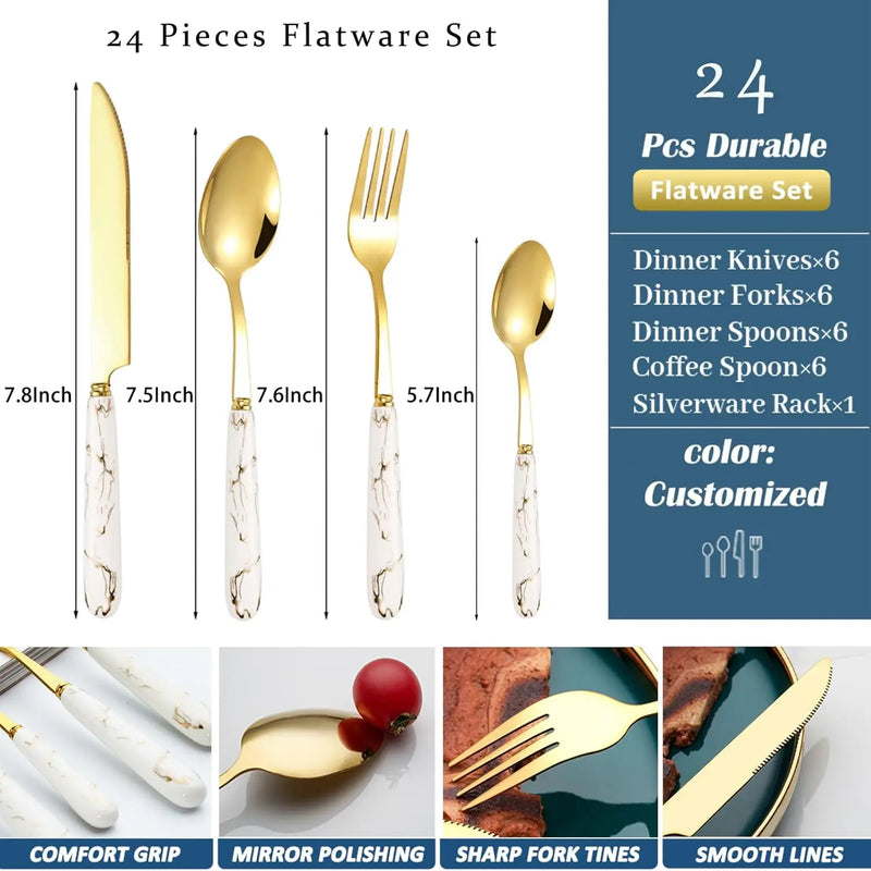 24-Piece Stainless Steel Cutlery Set with Glossy Ceramic Handles - Dinner Knives, Forks, Spoons, Coffee Spoons, Stylish Holder, Comfortable Grip for Adult Everyday Home Dining, Gold-Tone 6-10 People Party Gatherings