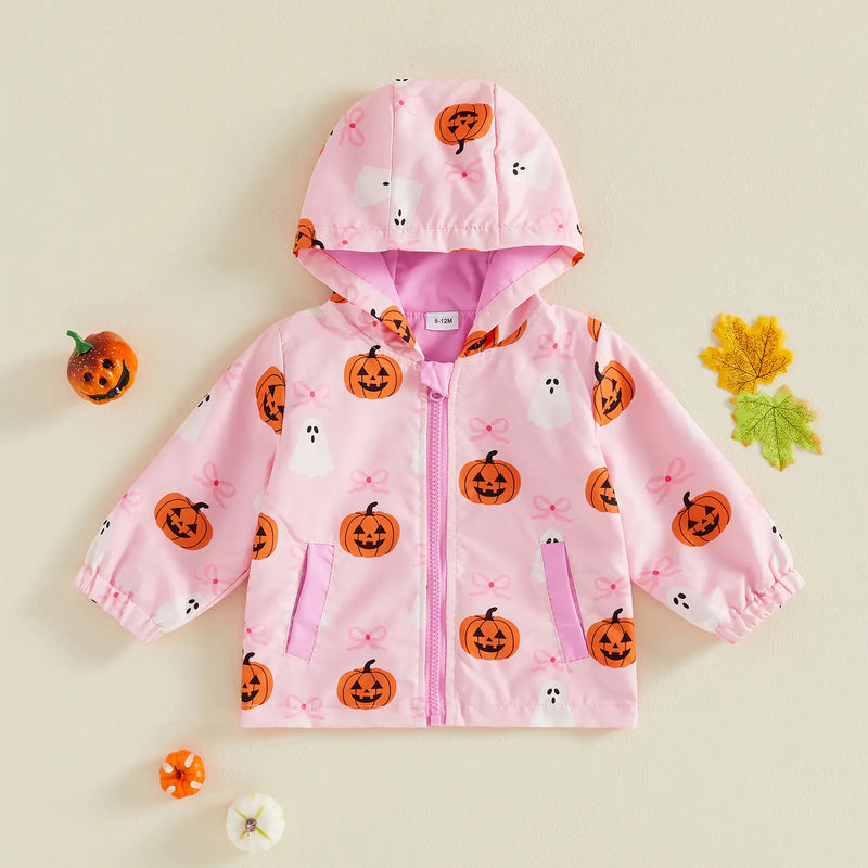 Toddler Baby Little Girl Halloween Jacket Pumpkin Ghost/Flower Bat Print Hooded Long Sleeve Coat Zipper Outerwear Fall 6M-4T
