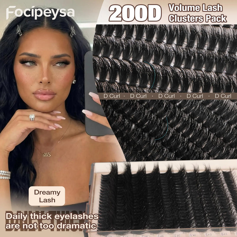 Focipeysa 200D Volume Lash Clusters | Dreamy Lash Clusters | Resuable Clusters Lashes | Beginner Friendly | D Curl DIY Cluster Lashes for Flawless Makeup | Salon-Level Volume Lash Extensions at Home
