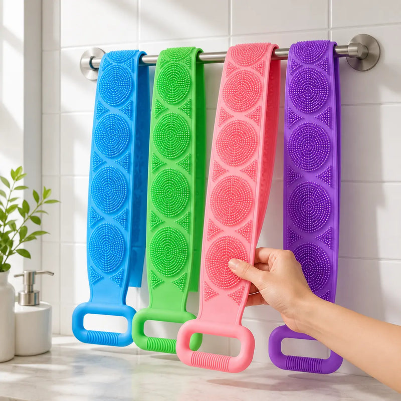 Long Silicone Back Scrubber & Exfoliating Bath Brush – Double-Sided Body Cleaner with Soft Bristles, Mesh Sponge & Easy-Grip Handles