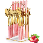 24-Piece Stainless Steel Cutlery Set with Glossy Ceramic Handles - Dinner Knives, Forks, Spoons, Coffee Spoons, Stylish Holder, Comfortable Grip for Adult Everyday Home Dining, Gold-Tone 6-10 People Party Gatherings