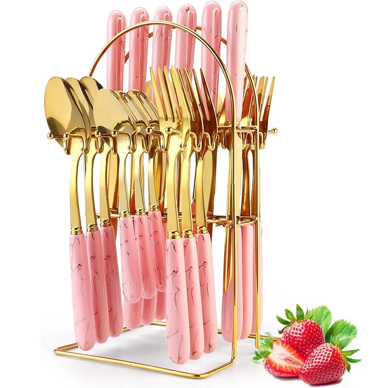 24-Piece Stainless Steel Cutlery Set with Glossy Ceramic Handles - Dinner Knives, Forks, Spoons, Coffee Spoons, Stylish Holder, Comfortable Grip for Adult Everyday Home Dining, Gold-Tone 6-10 People Party Gatherings