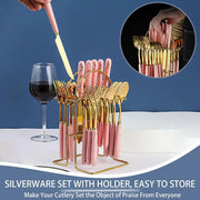 24-Piece Stainless Steel Cutlery Set with Glossy Ceramic Handles - Dinner Knives, Forks, Spoons, Coffee Spoons, Stylish Holder, Comfortable Grip for Adult Everyday Home Dining, Gold-Tone 6-10 People Party Gatherings