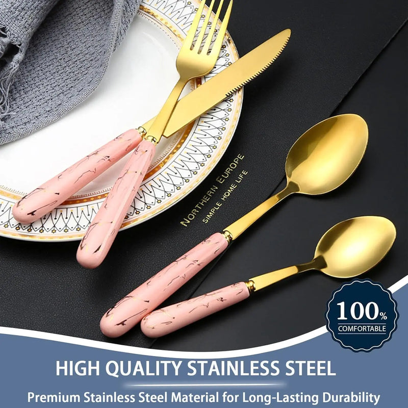 24-Piece Stainless Steel Cutlery Set with Glossy Ceramic Handles - Dinner Knives, Forks, Spoons, Coffee Spoons, Stylish Holder, Comfortable Grip for Adult Everyday Home Dining, Gold-Tone 6-10 People Party Gatherings