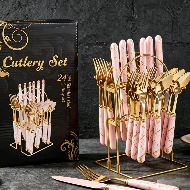 24-Piece Stainless Steel Cutlery Set with Glossy Ceramic Handles - Dinner Knives, Forks, Spoons, Coffee Spoons, Stylish Holder, Comfortable Grip for Adult Everyday Home Dining, Gold-Tone 6-10 People Party Gatherings