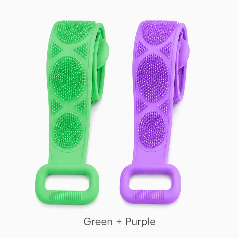 Long Silicone Back Scrubber & Exfoliating Bath Brush – Double-Sided Body Cleaner with Soft Bristles, Mesh Sponge & Easy-Grip Handles