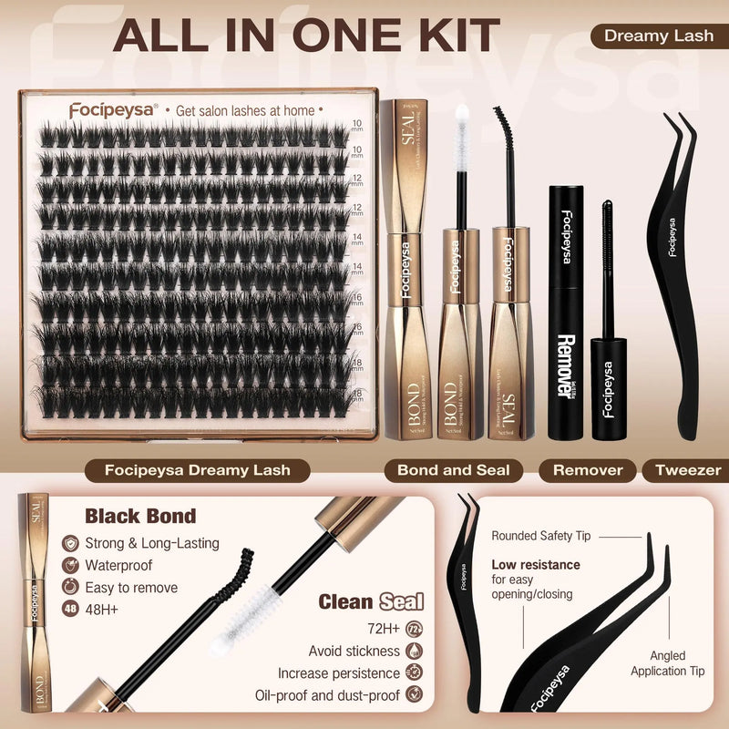 Focipeysa 200D Volume Lash Clusters | Dreamy Lash Clusters | Resuable Clusters Lashes | Beginner Friendly | D Curl DIY Cluster Lashes for Flawless Makeup | Salon-Level Volume Lash Extensions at Home