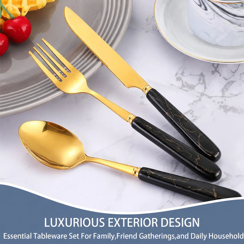 24-Piece Stainless Steel Cutlery Set with Glossy Ceramic Handles - Dinner Knives, Forks, Spoons, Coffee Spoons, Stylish Holder, Comfortable Grip for Adult Everyday Home Dining, Gold-Tone 6-10 People Party Gatherings