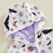 Toddler Baby Little Girl Halloween Jacket Pumpkin Ghost/Flower Bat Print Hooded Long Sleeve Coat Zipper Outerwear Fall 6M-4T