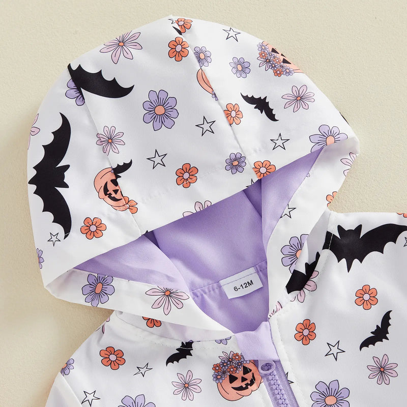 Toddler Baby Little Girl Halloween Jacket Pumpkin Ghost/Flower Bat Print Hooded Long Sleeve Coat Zipper Outerwear Fall 6M-4T
