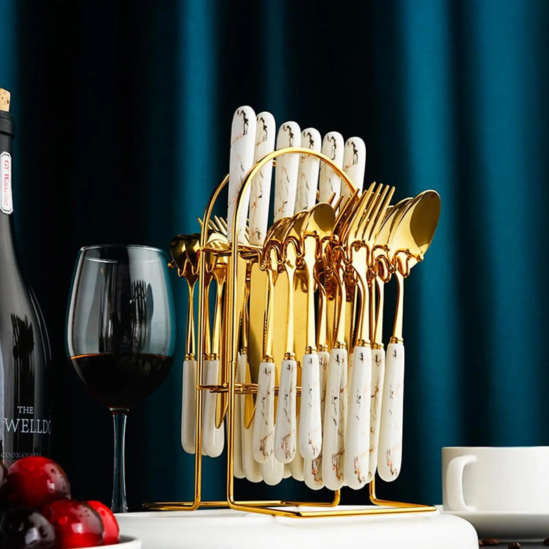 24-Piece Stainless Steel Cutlery Set with Glossy Ceramic Handles - Dinner Knives, Forks, Spoons, Coffee Spoons, Stylish Holder, Comfortable Grip for Adult Everyday Home Dining, Gold-Tone 6-10 People Party Gatherings