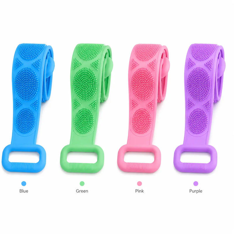 Long Silicone Back Scrubber & Exfoliating Bath Brush – Double-Sided Body Cleaner with Soft Bristles, Mesh Sponge & Easy-Grip Handles