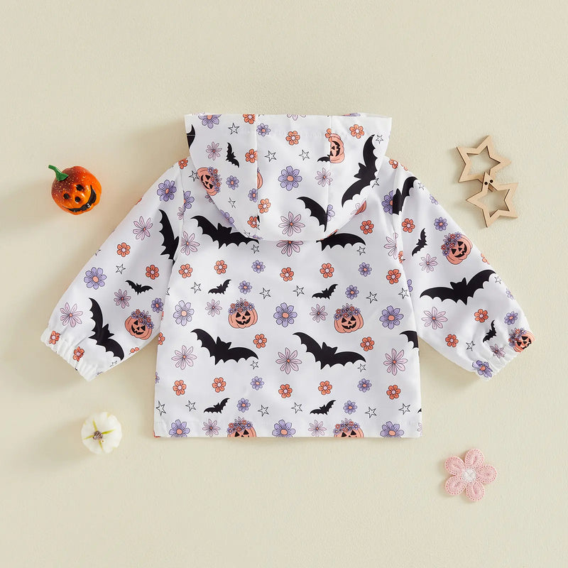 Toddler Baby Little Girl Halloween Jacket Pumpkin Ghost/Flower Bat Print Hooded Long Sleeve Coat Zipper Outerwear Fall 6M-4T