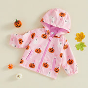Toddler Baby Little Girl Halloween Jacket Pumpkin Ghost/Flower Bat Print Hooded Long Sleeve Coat Zipper Outerwear Fall 6M-4T