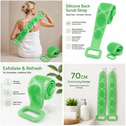 Long Silicone Back Scrubber & Exfoliating Bath Brush – Double-Sided Body Cleaner with Soft Bristles, Mesh Sponge & Easy-Grip Handles