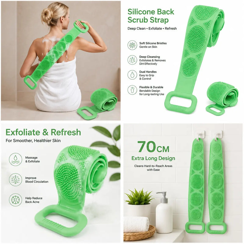 Long Silicone Back Scrubber & Exfoliating Bath Brush – Double-Sided Body Cleaner with Soft Bristles, Mesh Sponge & Easy-Grip Handles