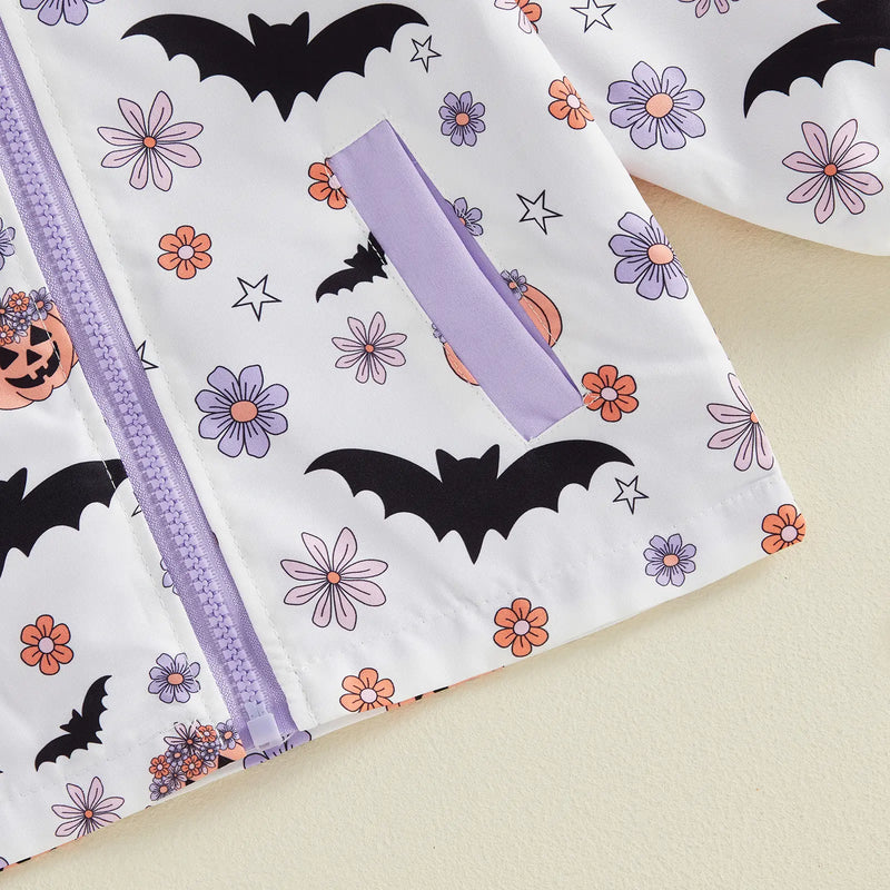 Toddler Baby Little Girl Halloween Jacket Pumpkin Ghost/Flower Bat Print Hooded Long Sleeve Coat Zipper Outerwear Fall 6M-4T