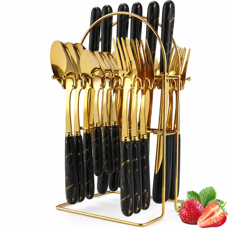 24-Piece Stainless Steel Cutlery Set with Glossy Ceramic Handles - Dinner Knives, Forks, Spoons, Coffee Spoons, Stylish Holder, Comfortable Grip for Adult Everyday Home Dining, Gold-Tone 6-10 People Party Gatherings
