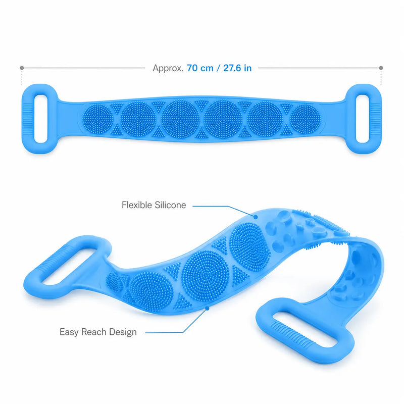 Long Silicone Back Scrubber & Exfoliating Bath Brush – Double-Sided Body Cleaner with Soft Bristles, Mesh Sponge & Easy-Grip Handles