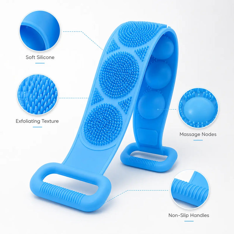 Long Silicone Back Scrubber & Exfoliating Bath Brush – Double-Sided Body Cleaner with Soft Bristles, Mesh Sponge & Easy-Grip Handles