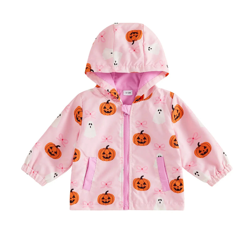 Toddler Baby Little Girl Halloween Jacket Pumpkin Ghost/Flower Bat Print Hooded Long Sleeve Coat Zipper Outerwear Fall 6M-4T