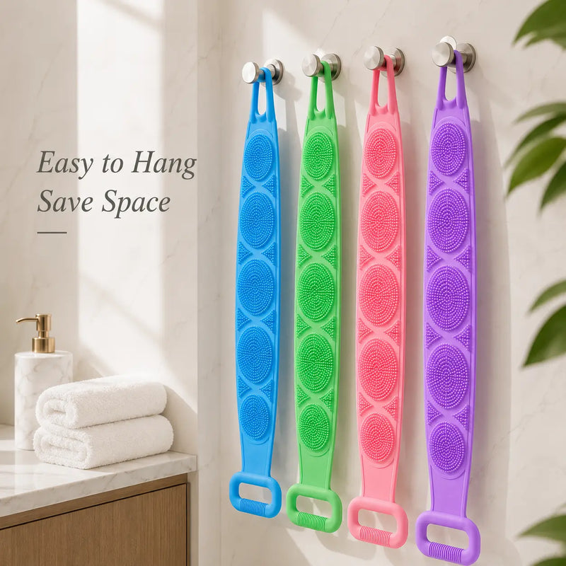 Long Silicone Back Scrubber & Exfoliating Bath Brush – Double-Sided Body Cleaner with Soft Bristles, Mesh Sponge & Easy-Grip Handles