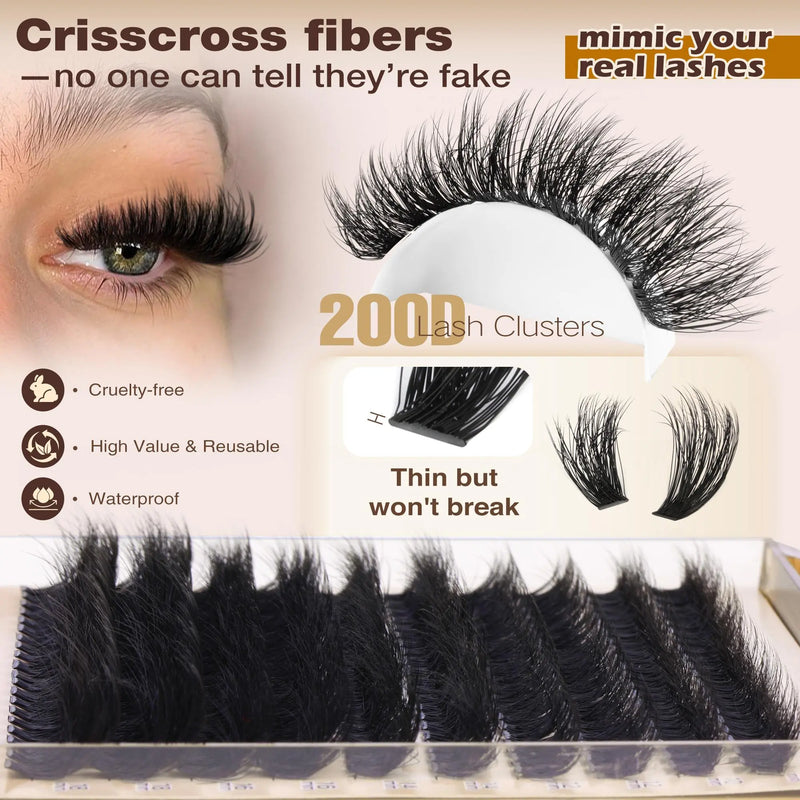 Focipeysa 200D Volume Lash Clusters | Dreamy Lash Clusters | Resuable Clusters Lashes | Beginner Friendly | D Curl DIY Cluster Lashes for Flawless Makeup | Salon-Level Volume Lash Extensions at Home