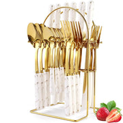 24-Piece Stainless Steel Cutlery Set with Glossy Ceramic Handles - Dinner Knives, Forks, Spoons, Coffee Spoons, Stylish Holder, Comfortable Grip for Adult Everyday Home Dining, Gold-Tone 6-10 People Party Gatherings