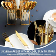 24-Piece Stainless Steel Cutlery Set with Glossy Ceramic Handles - Dinner Knives, Forks, Spoons, Coffee Spoons, Stylish Holder, Comfortable Grip for Adult Everyday Home Dining, Gold-Tone 6-10 People Party Gatherings