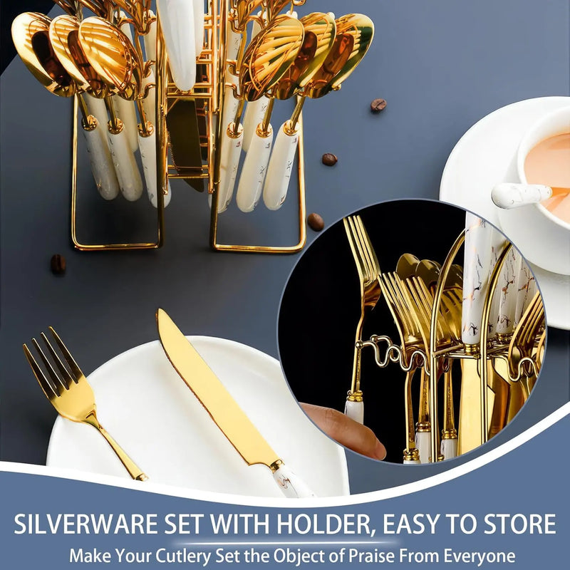 24-Piece Stainless Steel Cutlery Set with Glossy Ceramic Handles - Dinner Knives, Forks, Spoons, Coffee Spoons, Stylish Holder, Comfortable Grip for Adult Everyday Home Dining, Gold-Tone 6-10 People Party Gatherings
